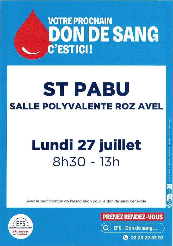 Don de sang le 27 juillet à la 